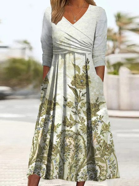 

Floral Casual V Neck Regular Fit Dress, White, Dresses