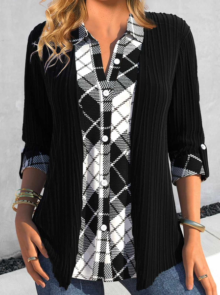 

Shirt Collar Casual Regular Fit Plaid Shirt, Black, Shirts & Blouses