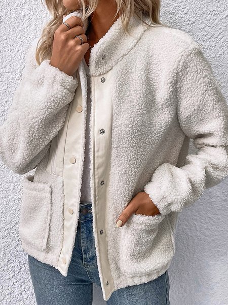 

Shawl Collar Simple Loose Teddy Jacket, White, Coats