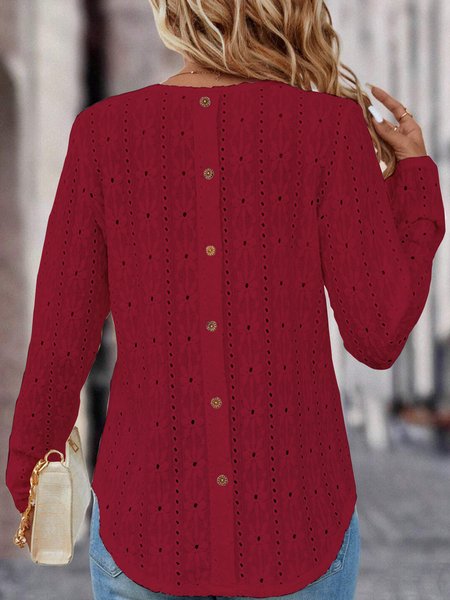 

Eyelet Embroidery Button Back Curved Hem Tee, Wine red, Blouses & Shirts