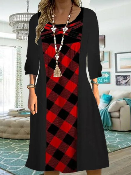 

Crew Neck Plaid Casual Loose Dress, Black, Dresses