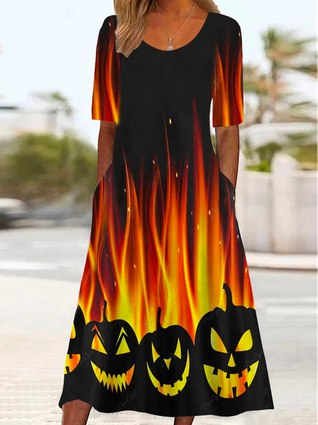 

Casual Crew Neck Halloween Loose Dress With No, Black, Dresses