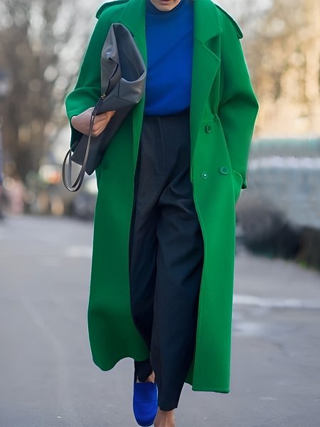 

Loose Plain Lapel Collar Long Sleeve Urban Coat, Green, Coats