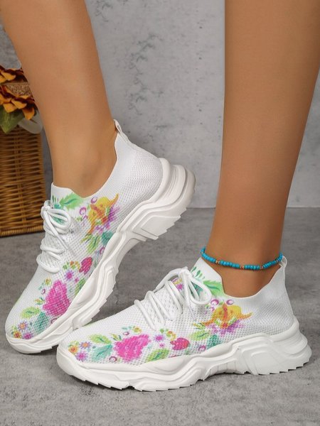 

Floral Print Lace-Up Front Sports Slip On Flyknit Sneakers, As picture, Sneakers