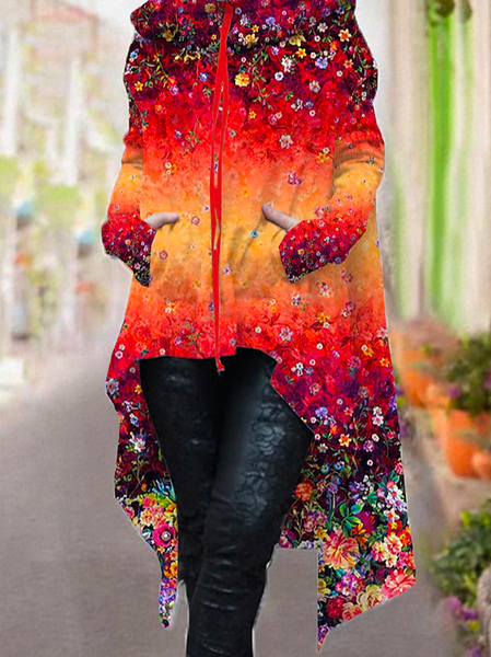 

Floral Casual Floral Comfortable Fashion Loose Fit Outerwear Long Sleeve Coat, Red, Coats