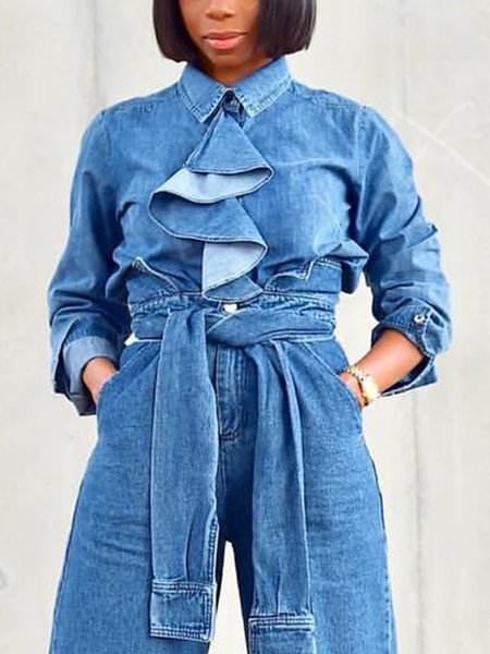 

Long Sleeve Urban Shirt Collar Plain Denim Blouse, Blue, Blouses and Shirts