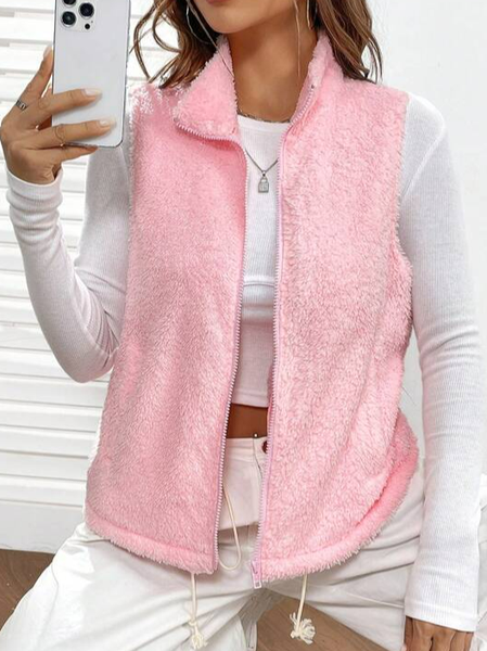 

Stand Collar Loose Casual Vest, Pink, Vests & Gilets