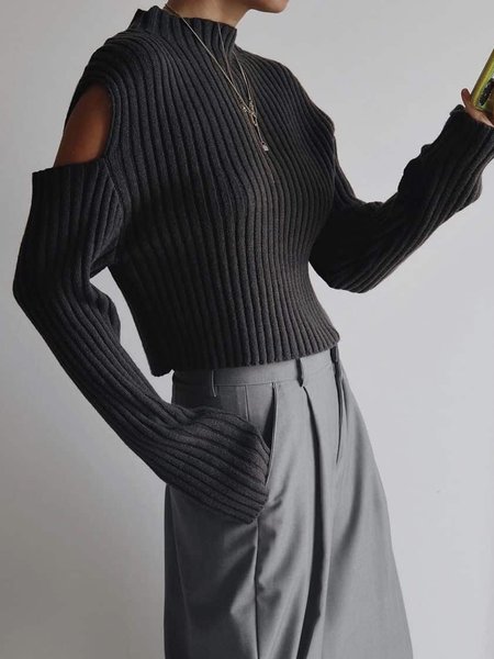 Long Sleeve Plain Half Turtleneck Urban Sweater, Black, Pullovers