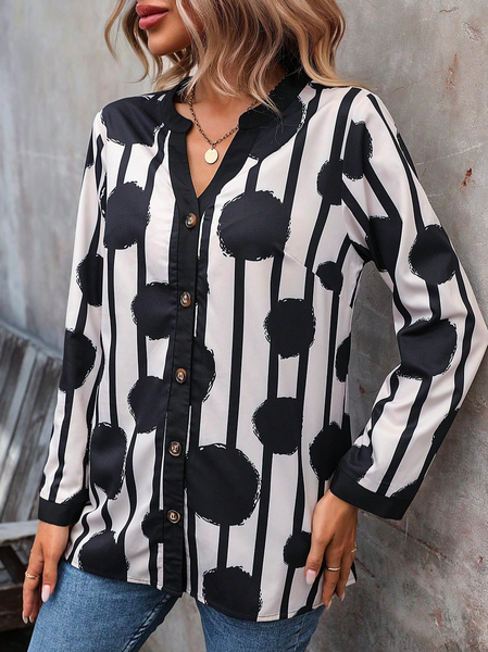 

Casual Color Block Shirt Collar Blouse, Black, Shirts & Blouses