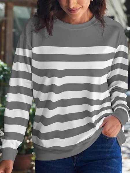 

Crew Neck Striped Casual Sweatshirt, Gray, Sweatshirts & Hoodies