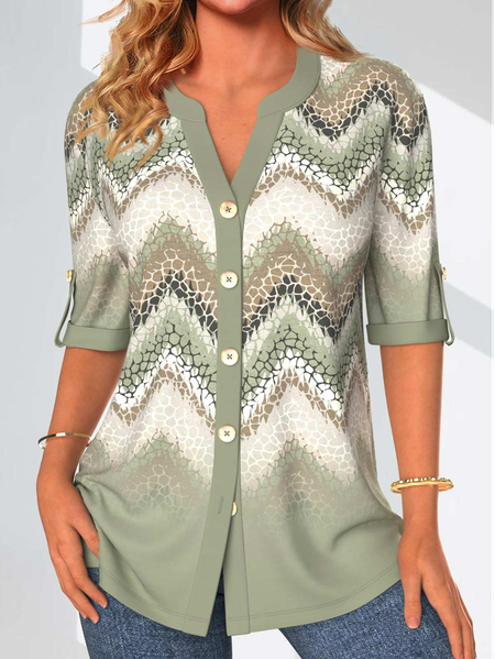 

V Neck Geometric Casual Loose Blouse, Green, Shirts & Blouses