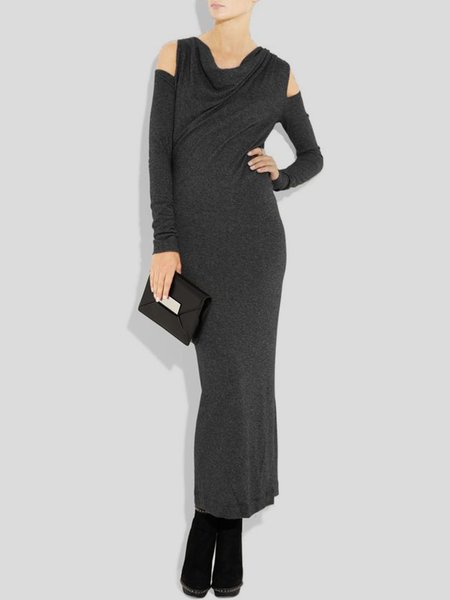 

Plain Elegant Long Sleeve Regular Fit Dress, Black-grey, Maxi Dresses
