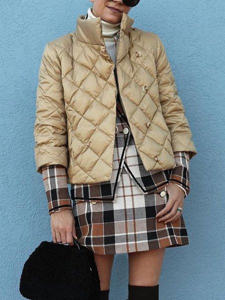

Regular Fit Stand Collar Urban Plain Padded Jacket, Khaki, Coats