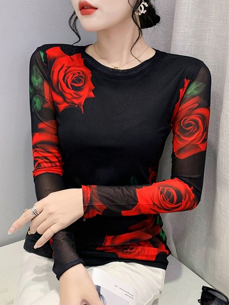 

Elegant Crew Neck Floral Long Sleeve Tight T-Shirt, Red, Tees
