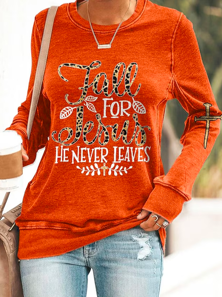 

Crew Neck Casual Orange Leopard Letter Street Round Neck Long Sleeve Sweatshirt, Sweatshirts & Hoodies