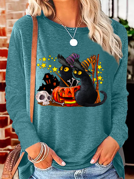 

Women's Cat Halloween Cotton-Blend Casual Shirt, Green, Long sleeves