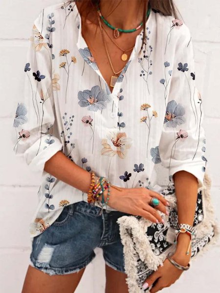 

V Neck Cotton And Linen Casual Blouse, White, Shirts & Blouses