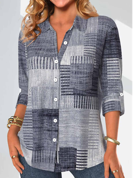 

Casual Shawl Collar Color Block Loose Blouse, Blue, Shirts & Blouses