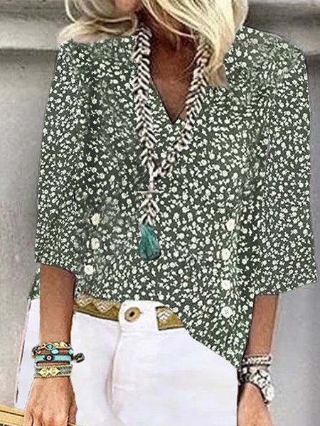 

V Neck Loose Elegant Floral Shirt, Green, Shirts & Blouses