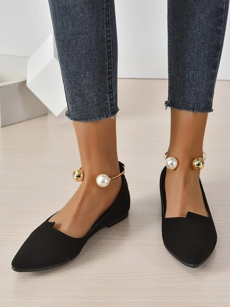

Elegant Metal Ring Imitation Pearls Flat Shallow Shoes, Black, Flats