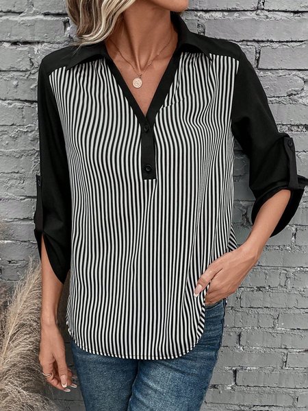 

Loose Casual Shirt Collar Striped Blouse, Black, Shirts & Blouses