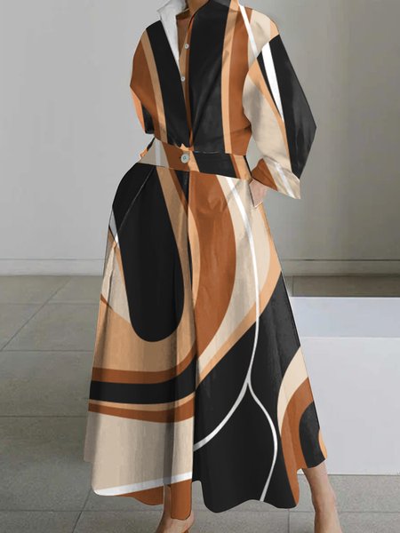 

Abstract Stripes Casual Shirt Collar Dress, Brown, Maxi Dresses