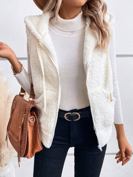 

Plain Casual Hoodie Loose Vest, White, Vests & Gilets