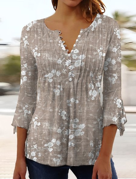 

Floral Flare Sleeve Regular Fit V Neck Casual Shirt, Khaki, Shirts & Blouses
