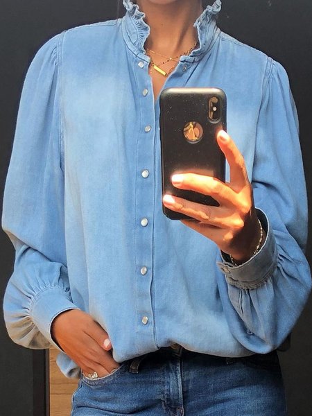 

Loose Lotus Leaf Collar Casual Blouse, Blue, Shirts & Blouses