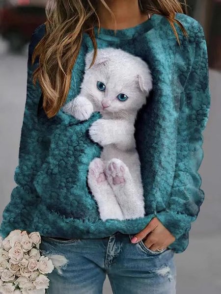 Cat Crew Neck Loose Casual Sweatshirt, Deep green, Hoodies&Sweatshirts