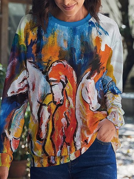 

Horse Casual Crew Neck Loose Sweatshirt, Blue, Sweatshirts & Hoodies