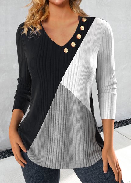 

Color Block Buckle Casual T-Shirt, Black, T-Shirts