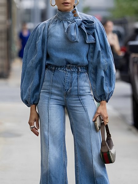 

Regular Fit Denim Casual Plain Denim Top, Blue, Blouses and Shirts