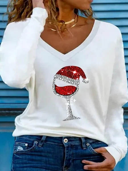 

Loose V Neck Casual Christmas T-Shirt, White, T-Shirts