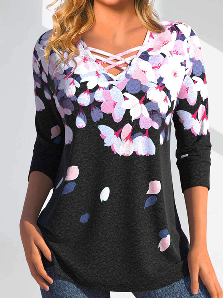 

Casual V Neck Floral T-Shirt, Black, T-Shirts