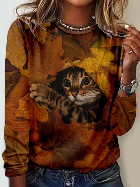 

Women's Cat Maple Leaf Casual Shirt, As picture, Long sleeves