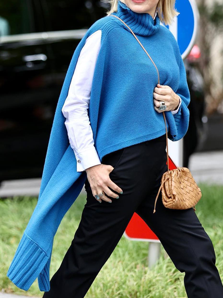 

Micro-Elasticity Loose Plain Turtleneck Long Sleeve Urban Sweater, Blue, Pullovers