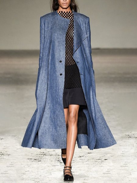 Long Sleeve Denim Plain Shawl Collar Casual Denim Coat, Blue, Outerwear