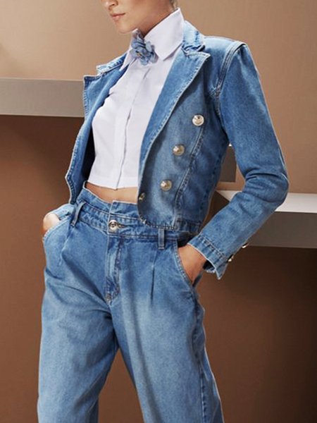 

Denim Regular Fit Lapel Collar Casual Denim Coat, Blue, Outerwear