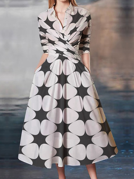 Regular Fit Long Sleeve Polka Dots Elegant Maxi Dress With Belt Shirt Dress, As picture, Maxi Dresses