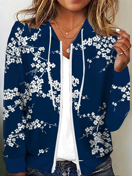 

Floral Hoodie Casual Loose Jacket, Blue, Jackets