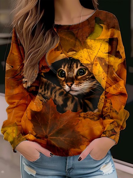 

Casual Cat Crew Neck Loose Sweatshirt, Brown, Sweatshirts & Hoodies