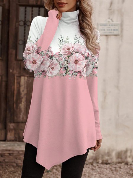 

Casual Jersey Asymmetric Floral T-Shirt, Pink, T-Shirts