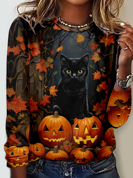 

Women's Crew Neck Casual Halloween Shirt, As picture, Long sleeves