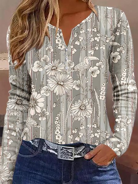 

Buttoned Loose Casual Floral T-Shirt, Gray, T-Shirts