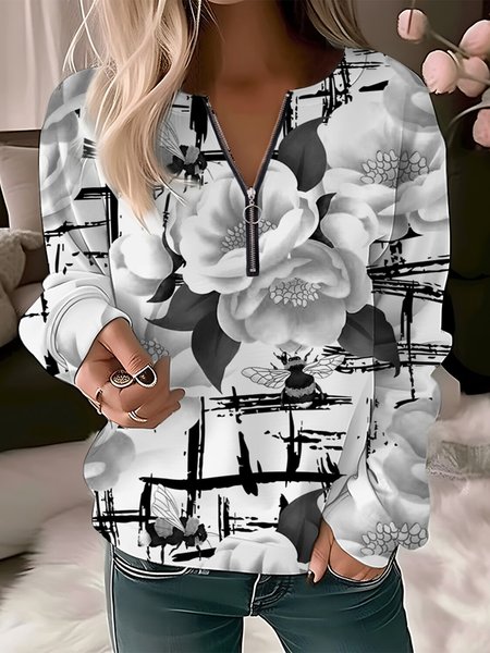 

Loose Zipper Crew Neck Casual Floral Sweatshirt, Gray, Sweatshirts & Hoodies