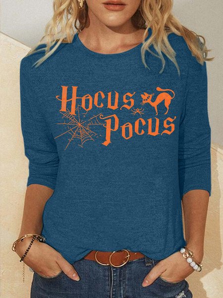 

Women‘s Halloween Black Cat Crew Neck Casual Shirt, Blue, Long sleeves