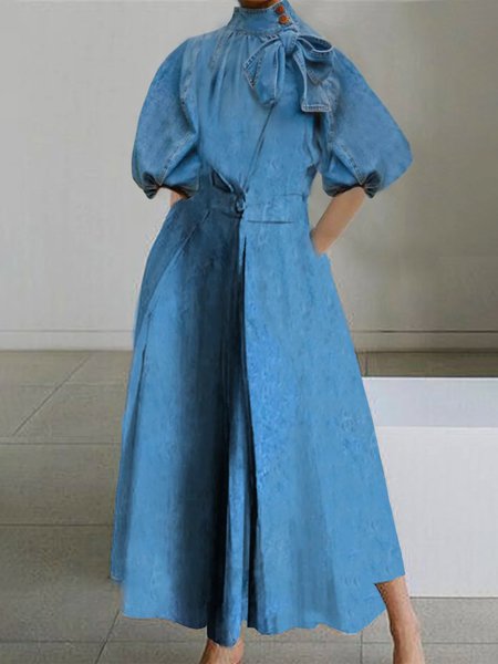 

Urban Regular Fit Plain Denim Midi Dress With No Belt, Blue, Maxi Dresses