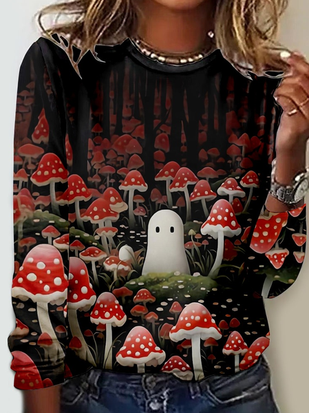

Women's Crew Neck Ghost Mushrooms Shirt, As picture, Long sleeves