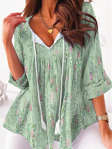 

V Neck Loose Geometric Elegant Shirt, Green, Shirts & Blouses
